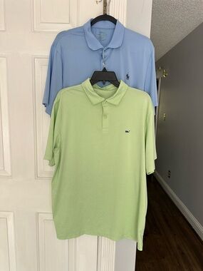 LOT x 2 Mens Performance Polos Blue Lime Green Sz L READ Ralph Lauren Vineyard
